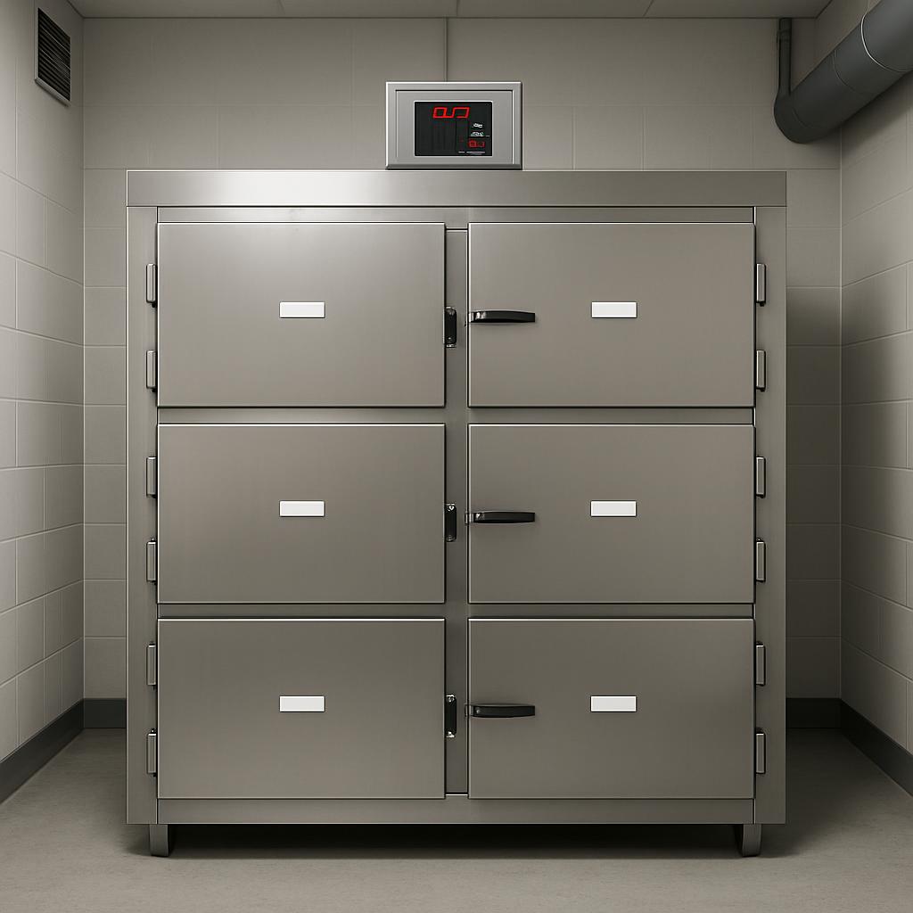 Alt: A large, industrial-sized metal cabinet with several drawers and doors. Note: I understand the instruction not to inc...