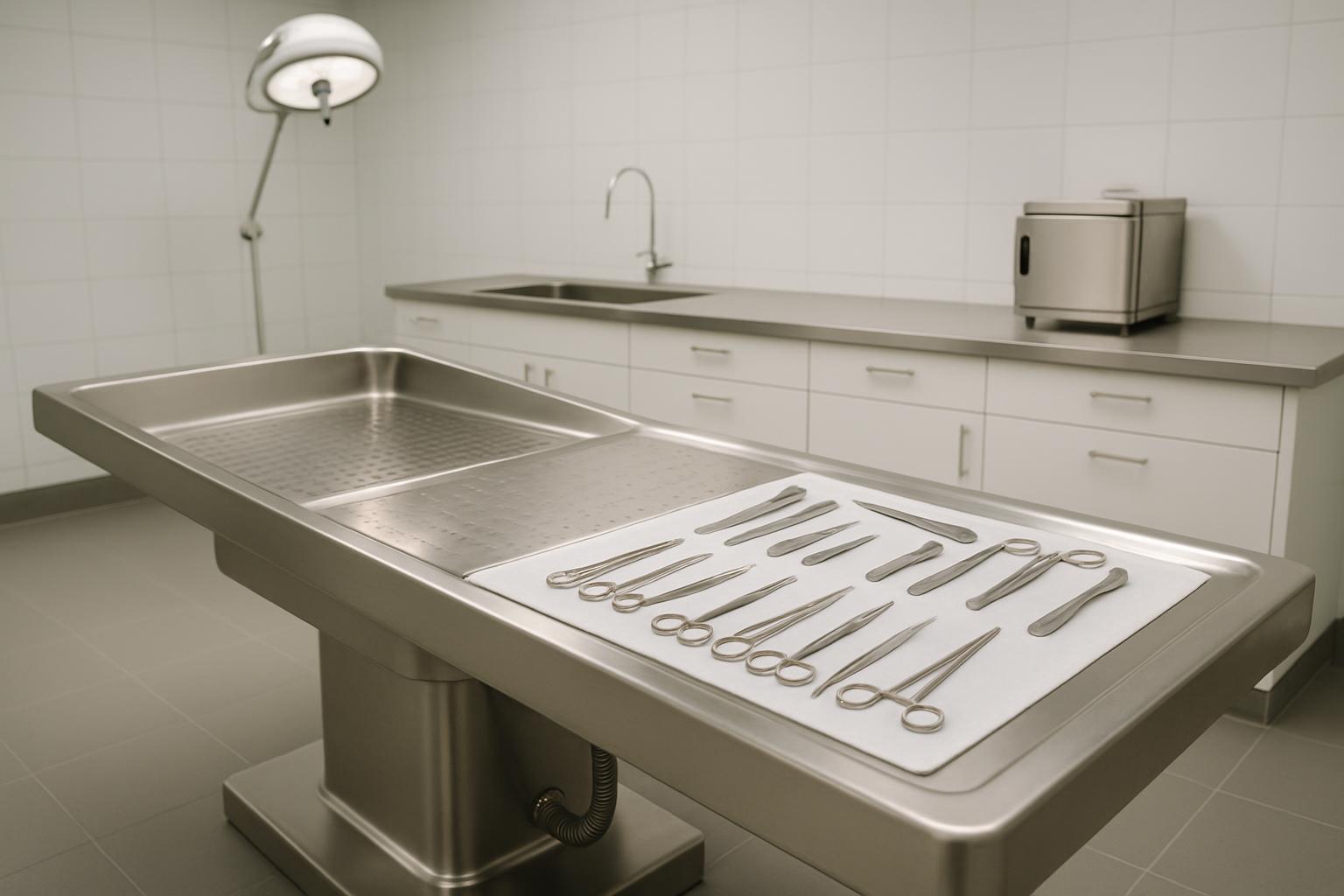 Empty Medical Examination Table with Various Surgery Tools
