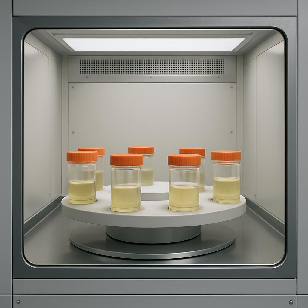 A stainless steel laboratory hood containing various containers with orange lids, filled with the same yellowish, homogene...